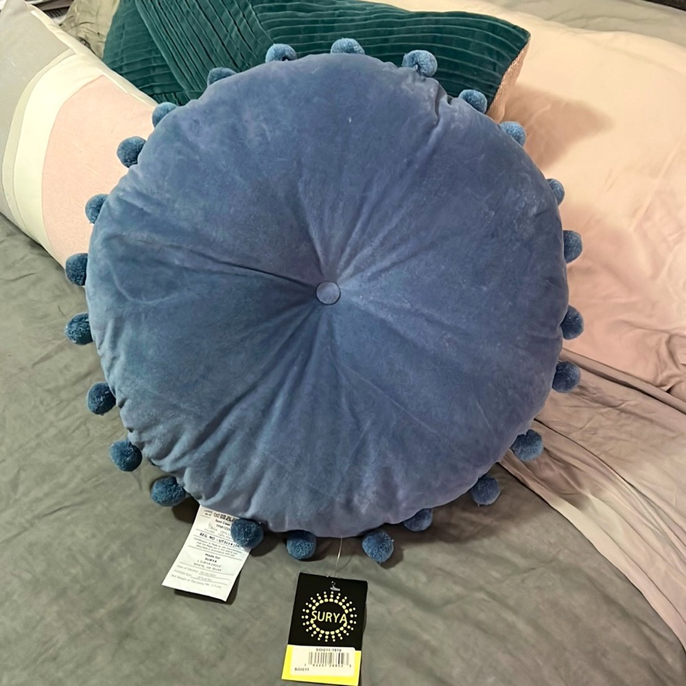Blue Round Pompom Pillow